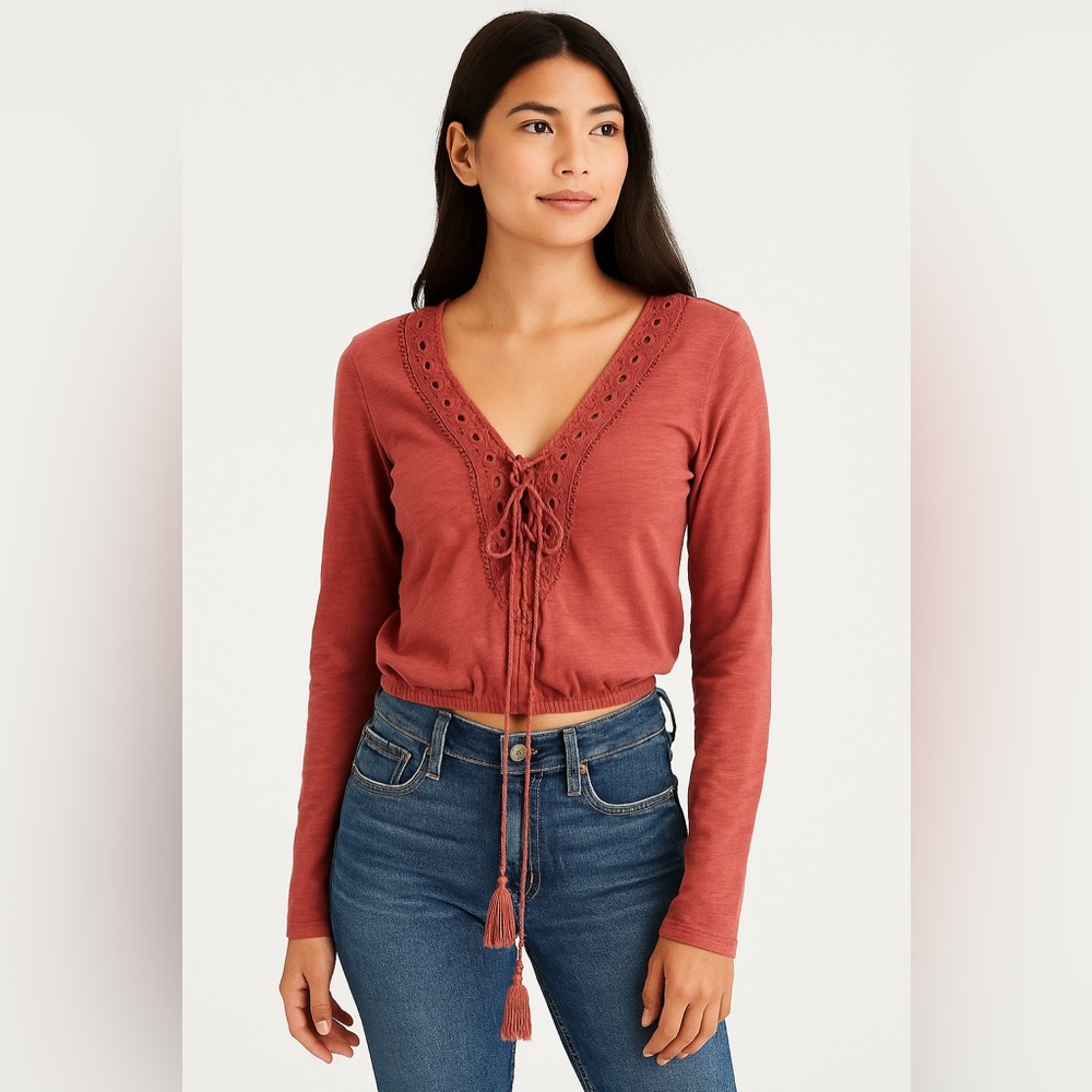 American Eagle Boho Crochet Lace-Up Long Sleeve Crop Top Women’s Small | Rust Re